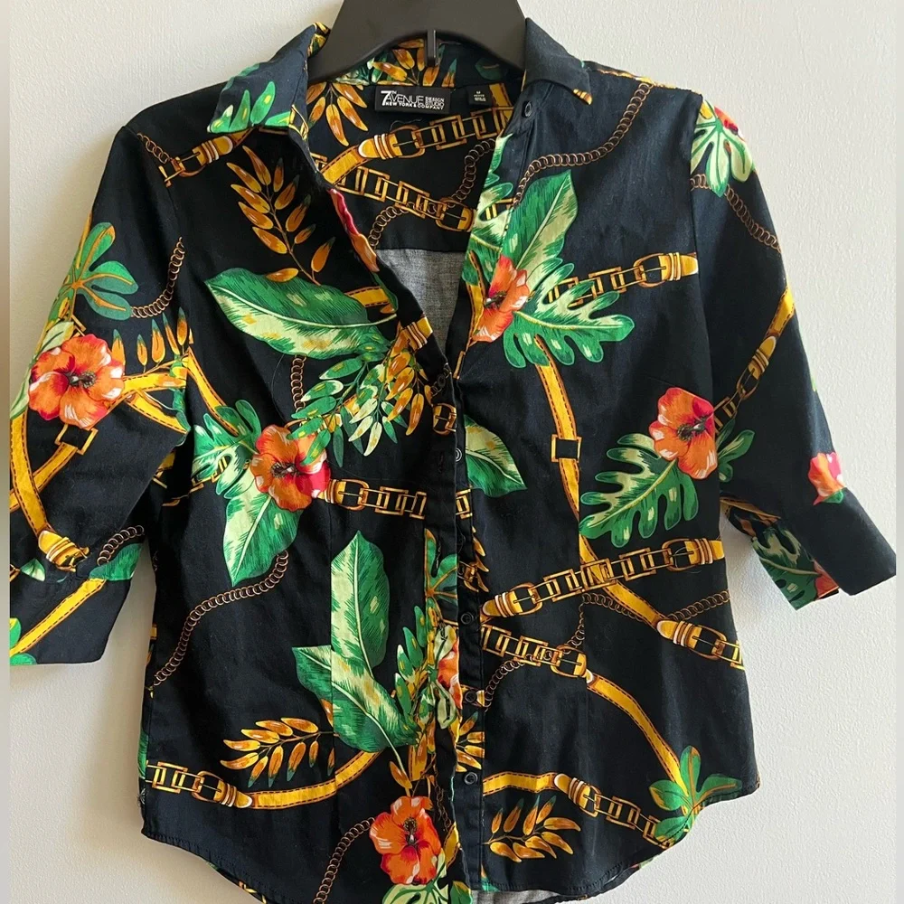 7th Avenue Design Studio Woman's Black Floral Cotton Blend Blouse Size Med - Picture 1 of 5